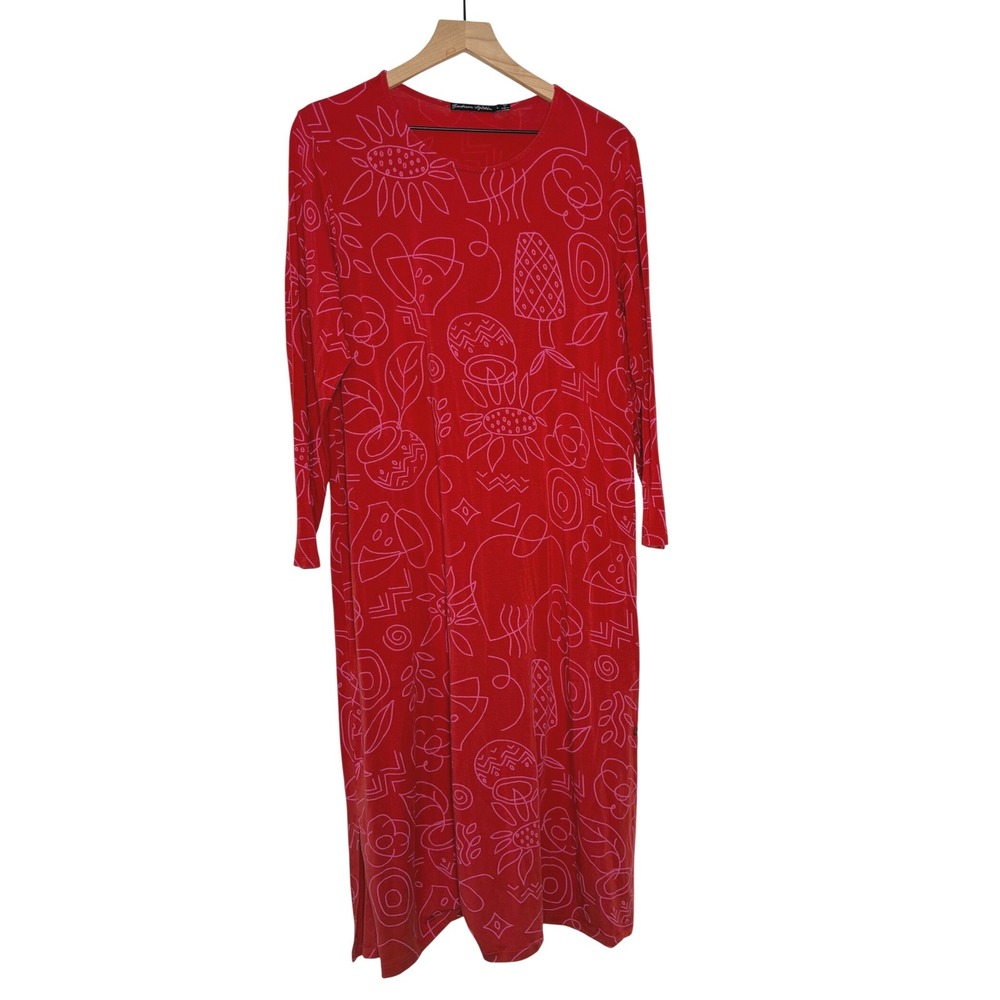Gudrun Sjoden Midi Dress Red Abstract Floral Pockets Lyocell Stretch Large